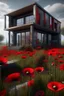 Placeholder: An modern house surrounded with red poppies growing out of a zombie