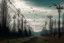 Placeholder: Power lines in the middle of nature and birds flying in the sky, real and current photography, 16K, photojournalism