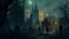 Placeholder: a painting of Gotham's Cemetery: A misty, overgrown cemetery with ancient tombstones and crypts. The scene is set at twilight, with a mysterious figure moving among the graves, Gotham city :: dark night, gothic architecture, noir film ambiance, modern days, autumn :: a storybook illustration by James Gilleard, accurate details, behance contest winner, 2d game art, storybook illustration, rich color palette