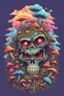 Placeholder: Psychedelic monkey skull surrounded by clouds and overgrown with psychedelic mushrooms. Digital drawing. Colorful. t-shirt design. Cartoon. Digital cartoon. Mid detailed