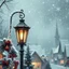Placeholder: Delicate graphite drawing: Beautiful vintage street lamp, soft crimson Christmas background, Christmas decorations, glitter, silver-blue, sparkling light, fabulously beautiful, magical fog, ash-colored and silver-colored half-timbered village. Hyper-realistic pixel art, high level of detail, filigree, fine drawing, delicate graphite drawing.