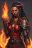 Placeholder: Capture the fierce essence of a female Paladin Druid, her eyes resembling fiery orbs, shining with a bright and intense red glow as she adeptly conjures flames with her hands. Bright black, half-braided hair appears to dance like flames when moved, radiating an ethereal fire. Clad in lightweight magical armor, she forgoes heavy protection, relying on her mastery of magic and fire. A prominent scar on her face tells tales of battles faced and conquered, all against the canvas of her tanned skin