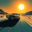 Placeholder: golden age of comics, dramatic angle of a super muscle car driving down a desert highway toward a brilliant sun, dynamic composition, artistic