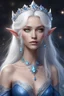 Placeholder: female elf with white hair and blue eyes, wearing a long blue dress with lots of diamonds and a gemful tiara on head