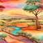 Placeholder: Colorful abstract landscape Serene and peaceful scene like a paradise of an African savanna with boabab trees, A meandering river flowing down the mountain in gentle curves, summer sunset 3d watercolor alcohol ink splash art