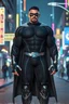 Placeholder: A giant, muscular man with extra-short, crew cut, black hair, blue eyes, short, trimmed goatee, standing stoically on the street in the neon lit, futuristic City of Xanadu prime, wearing a long-sleeved, highly textured, black body suit with gray piping that forms to his muscular frame, he has a silver lightning belt, silver wrist gauntlets, silver, knee-high boots, gray cape, he has the symbol of Xanadu Prime on his chest, and a thin black leather bandit eye mask