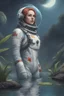 Placeholder: [scifi] A woman in spacesuit around a pond