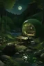 Placeholder: Photorealistic summer night scene under a quarter moon in an Upstate New York forest. Closeup above a creek, a floating pitted, sanded chrome ellipsoid spacecraft with large tinted green windows, and inside, a room with large cushioned bed and a large drawing table with many inlaid shelves and drawers containing brushes, tattoo machines, pottery, pencils, and canvases. A shapely yellow-skinned bellydancer holds a tray with a large glass teapot as she looks for clothes.