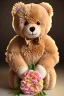 Placeholder: A light brown smiling teddybear holding a bouquet of flowers. His fur is realistic. The background is a romantic Italian restaurant bokeh digital painting extremely detailed studio lighting crisp quality and light reflections 8k cinematic lighting portrait photorealistic ultra detailed cinematic postprocessing focused