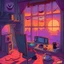 Placeholder: vampire city morning sunrise window coffee using a laptop computer in a game room in a house cartoon style