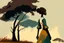 Placeholder: Design, African woman, oil painting, featureless, graphic, drawing without facial features, background, sky, trees, traditional clothes, cartoon, looking left