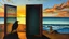 Placeholder: A surreal painting by Salvador Dali featuring a dark bird peeking through a folding screen, with a dreamy sunset and ocean scene reflected in the screen.