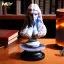 Placeholder: auction hammer, marble stone figurine, bust of luna aurora divine, ancient, magic,on dark wooden table with drinking glass,compass,brilliance