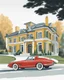 Placeholder: Architectural drawing of a luxurious modern country house, trees, people and cars, complementary colors