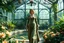 Placeholder: Victorian green open house overtaken by jungle,with smal natural pool in center exotic birds nesting in iron rafters, morning mist, lost paradise atmosphere,a pretty model lady in victorian clothing walking in flowers to camera that capture closeup full body shot of her majesty.