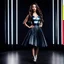 Placeholder: make a picture pretty stage made of metallic blue-gray teme 3d recursive cubic and sphere base structures and a beautiful fashion model lady posing with cute in black and white and the scene is in color,with dark red top and pretty pleated midi skirt ,makeup curvy long hair,dynamic camera zoom to full body and pan, dynamic lights.