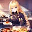 Placeholder: girl, masterpiece, best quality, volumetric lighting, detailed outfit, perfect eyes, golden hair, long hair, purple eyes, braided ponytail, smile, cooking, food, hairclip,