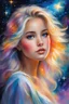 Placeholder: Masterpiece, best quality, oil pastel style, oil pastel painting, beautiful lovely eyes, cute, full body view, painted by Willem Haenraets, very detailed, high quality, 4k. Cute girl looks at the stars glowing, bright light hair, beautiful lovely eyes, beautiful night sky and glowing, she has enough strong imagination, fantasy and colorful world, vibrant colors.