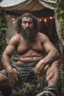 Placeholder: close up shot photography of an ugly burly hairy strong big chubby angry gipsy shirtless homeless man 33 years old, big nose, in bulging shorts, bulge, manly chest, dreadlocks, sweat, sweat, wet, relaxing sitting a chair near his small tent, in a private elegant garden of a villa, raining nighttime, big shoulders, ambient occlusion, photorealistic, frontal view from the ground, dim light from little bulbs