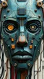Placeholder: Bosch style painting , A robot face in details . The texture of the face is a collage of many peace’s of 3D electronic chips , 3D transistors , wires and 3D buttons parts