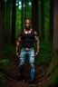 Placeholder: Alimi Ballard Very muscular man bald with tribal tattoos wearing jeans and a teeshirt, fantasy, forest backdrop