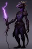 Placeholder: a black and purple, female argonian artificer who uses Tesla coils as weapons, skinny, lightly armored