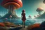 Placeholder: woman standing on the shores of an alien world, with mushrooms with jellyfish tentacles, floating in the air, photorealistic, Detailed Matte Painting, Deep Colour, Fantastical, Intricate Detail, sunshine