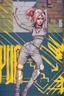 Placeholder: teen woman in retro-futurist cyberpunk costuming with pants and sheathed swords leaning to the side with shoulder against a brick pillar, background is brick with graffiti of a large arrow pointing to the right and text of the word "PUB" on lower left