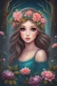 Placeholder: Painting of a beautiful girl, beautiful, haunted forest, flowers on her head, glitter dress, young girl, digital painting, fantasy art, pretty face, inspired by Jeremiah Ketner, illustration, anime portrait, barbie face, big eyes, bright eyes, dream, trees, forest background, dark night, song, glitters background, fantasy, high quality, 8k