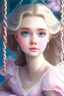 Placeholder: A very beautiful princess with a round face, wide blue eyes, a thin nose, a luminous face, and clear skin. She wears light pink makeup. She rides the swing and her hair flies.