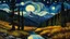 Placeholder: van Gogh starry night alike,Italian Cypress forrest,night in a rocky valley,mist shadows,sping season,brown colors,reflections,dramatic scene