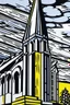 Placeholder: A gray monastery made out if steel painted by Roy Lichtenstein