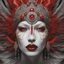 Placeholder: gen insanely detailed symbolism map design macro photography close-up of a stunning albino clowncore woman angel-demon red and black with a beautiful all seeing eye on the forehead, in the spiritual realm, (where vivid red resonates as a flame of vitality, embodying the energy of the soul's journey and the profound connection to the essence of life, the whisper of passion, igniting emotions with its ethereal brushstrokes achieved through SpectralChronicle) disintegrating in movement into a biolu