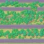 Placeholder: dirt road in the middle of a forest and round same size trees topdown view of a pixel art game