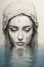 Placeholder: Artwork of t-shirt, Wide angle, half of face on water surface of a woman eyes are full of tears in swimming pool. Broken heart, sadness, down deep