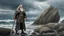 Placeholder: The stately and wise sorcerer named Pealda Stormbringer is walking on a rocky beach looking at a stormy ocean. He is dressed as a lord. He has grey hair and a white beard. beautiful light brown leather gloves. no jewelry. everything is intricately sculpted, exquisite realism, fantasy art, identical eyes, perfect face, Hyperrealistic, splash art, concept art, mid shot, intricately detailed, color depth, dramatic, 2/3 face angle, side light, colorful background