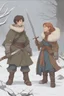 Placeholder: DnD style, two medieval peasant kids playing in the snow, female age 14 and male age 15, happy and playful, he has a short sword.