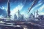 Placeholder: A Spaceship is taking off from a buzzing Space port on a heavy industrialized planet with a futuristic city in the background, retrofuturistic, art by John Berkey, buildings with glass facades, brutalist architecture, insanely detailed, vibrant, 8k uhd, cinematic atmosphere, ultra-wide angle, street level view, brush strokes, blue sky with clouds, dramatic sunset, sharp focus