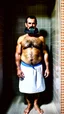 Placeholder: photo of stocky marocan with moustache 40 years old under the shower, hairy chest, big tights, in a old bathroom, misery and poverty, photorealism, 35mm lens, ultra detailed