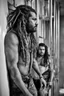 Placeholder: half figure shot photography of two ugly gypsies close, face to face, 41 years old with dreadlocks, overweight muscular chubby, tattoo, beard, bullneck, shirtless, manly chest, hairy torso , embraced, broken short pants,, angry eyes, in an elevator, top light, ambient occlusion, photorealistic, side view from the ground