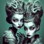 Placeholder: extrem tim burton style of evil stepsisters with different faces, sharp focus