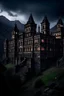 Placeholder: an enormous, extremely aesthetic castle on top of the great mountains in the Caucasus, midnight, pessimistic and depressing atmosphere, very rainy, baroque architecture, victorian era, late 1800s, very detailed, aesthetic, dramatic lighting