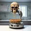 Placeholder: Surreal waffle iron that produces spooky skull-shaped waffles, messy decayed kitchen counter background, scary kitchen appliance dystopia, by Zdzislaw Beksinski, by Tim Burton, eerie, sinister, hyperdetailed.