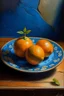 Placeholder: an oil painting of two oranges on a blue and white flowery ceramic plate, on a wooden rusty table