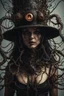 Placeholder: wizard hat Halloween vintage girl, Demon girl, fullbody, creepy, horrifying, sinister, many worms parasite creature connected to the head, sparks around her, sparks cybernetic, intricate, 8k, macro photography,