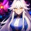 Placeholder: Clear focus, 8k, beautiful lighting, vibrant colors, girl, white long hair, vibrant golden eyes, messy hair, hair in between the eyes, laughing, angry, up close,