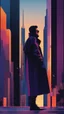 Placeholder: A stylized digital artwork featuring a lone figure in a dark, oversized coat and sunglasses, standing against a backdrop of abstract skyscrapers. The figure is portrayed in three vertical sections, showcasing different perspectives. The color palette includes deep blues and purples, with hints of orange in the sky, creating a futuristic, urban atmosphere. The overall composition emphasizes the figure’s striking silhouette among the geometric shapes of the cityscape