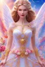 Placeholder: Magnifique woman, lady fairy, facing happy, voluptuous white, pink enchanted flowers, wings magic, long big dress, pink outerspace stars planets, Beautyful smiling, young woman, long hair amazing blue eyes, flowers, happy cosmic, bright colors, blue, pink, gold, jewels, realistic, photo real, clear sunny background, highly detailed, high contrast, 8k high definition, unreal engine 5, extremely sharp detail, light effect, sunny light background