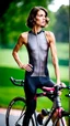 Placeholder: photography of a beautiful anorexic woman, grey satin triathlon top, brunette wavy bob haircut, flat chest, grey satin cycling leggins