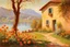 Placeholder: Sunny day, mountains, river, distant adobe house, flowers, spring trees, stone wall, spring, ludwig dettman and friedrich eckenfelder impressionism paintings